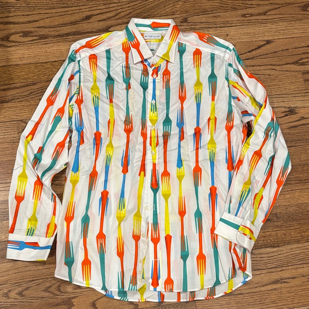 Etro White Button-Down Shirt Fun Fork Pattern. Size 44